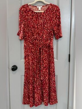 London Times Red Printed Midi Dress with Multicolor Speckle